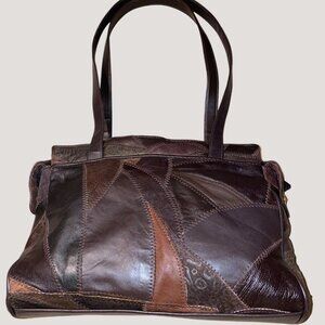 Leather Patchwork Handbag Tote Purse Vintage Brown Double Handle Large Capacity